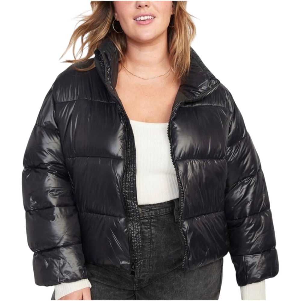 Old Navy Puffer Coat Women's Sz 3X Black Short  Shiny Stand Collar